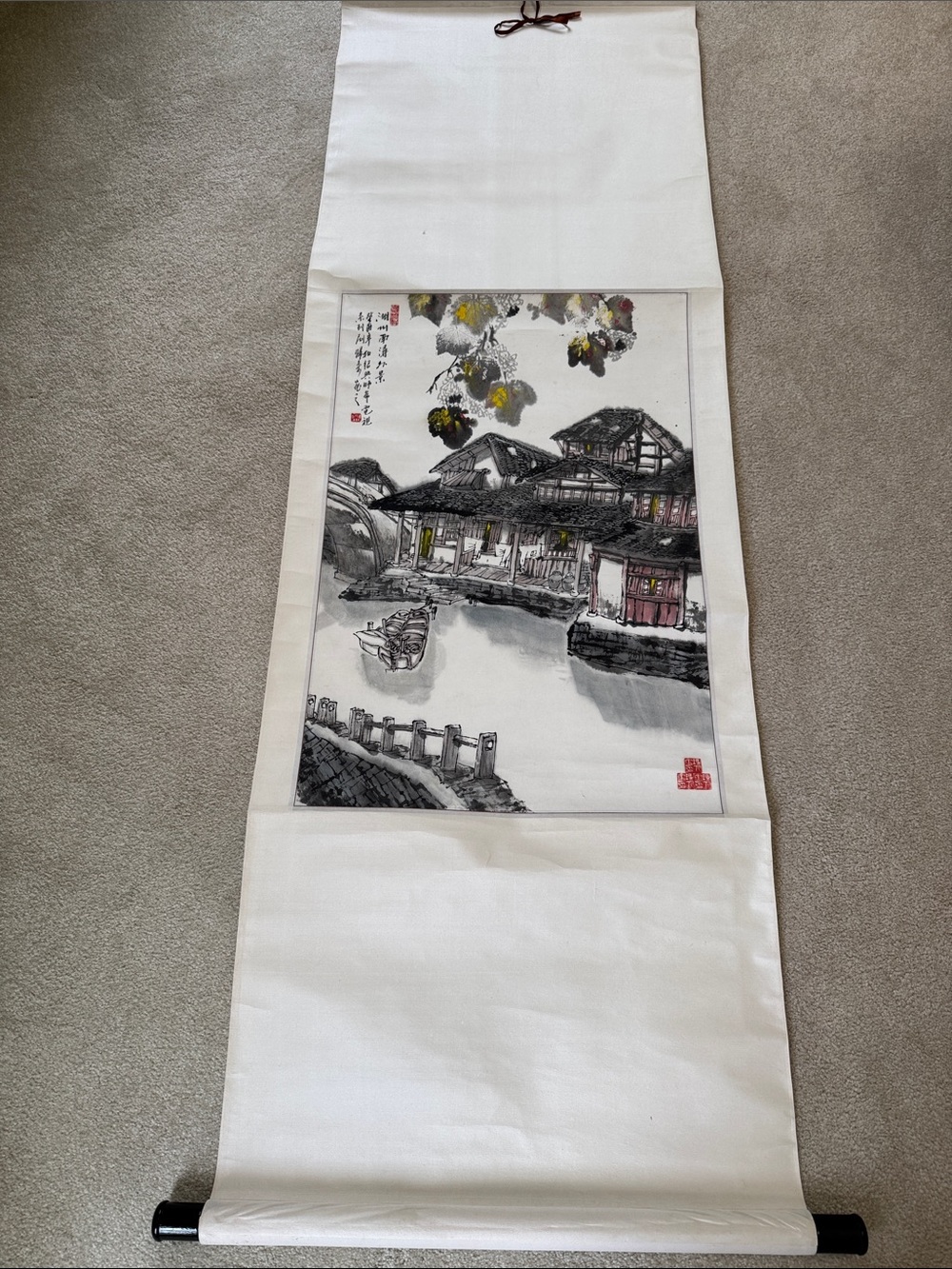 Hand-Painted Chinese Village House on a River Scroll with Yellow & Pink Accents